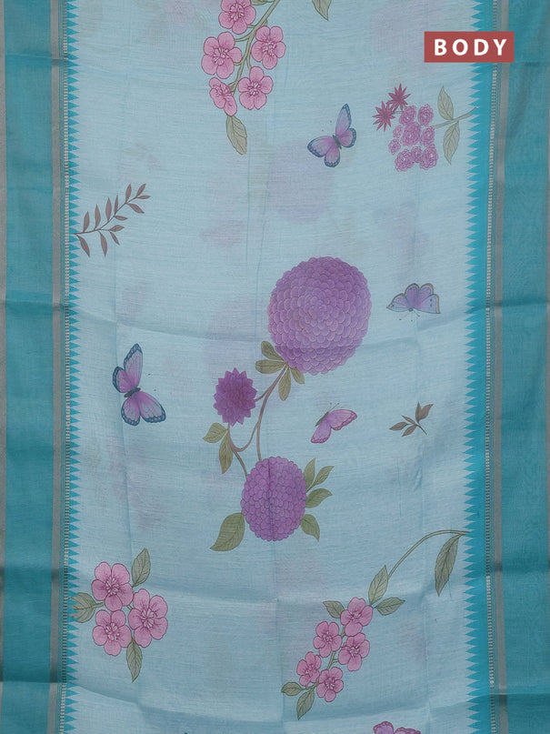 Art Linen saree teal green with allover floral prints and temple design rettapet zari woven border