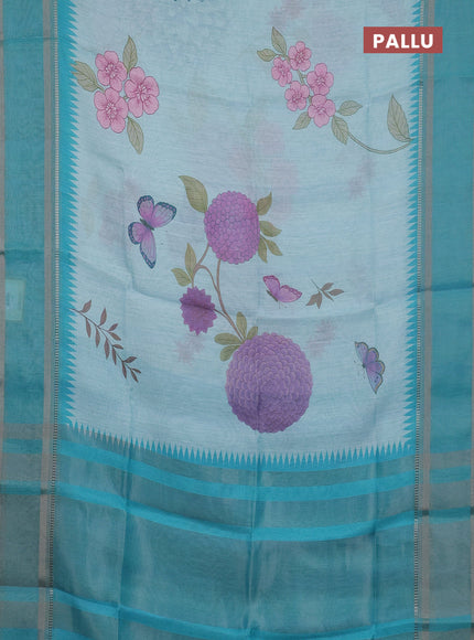 Art Linen saree teal green with allover floral prints and temple design rettapet zari woven border