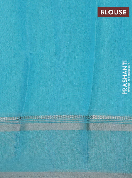 Art Linen saree teal green with allover floral prints and temple design rettapet zari woven border