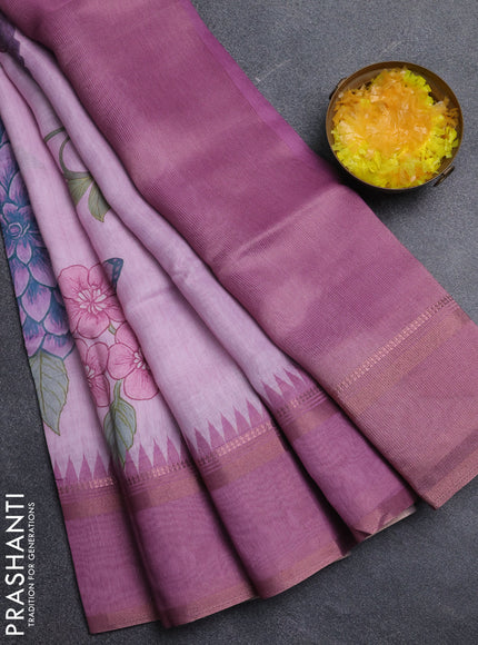 Art Linen saree mauve pink with allover floral prints and temple design rettapet zari woven border