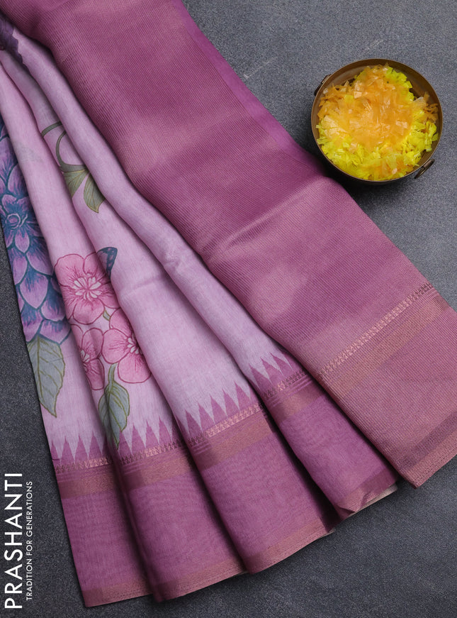 Art Linen saree mauve pink with allover floral prints and temple design rettapet zari woven border