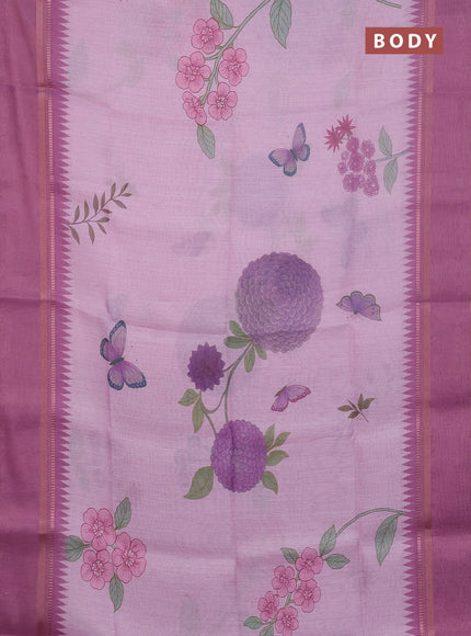 Art Linen saree mauve pink with allover floral prints and temple design rettapet zari woven border