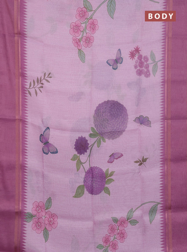 Art Linen saree mauve pink with allover floral prints and temple design rettapet zari woven border