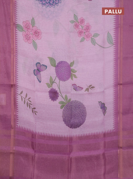 Art Linen saree mauve pink with allover floral prints and temple design rettapet zari woven border