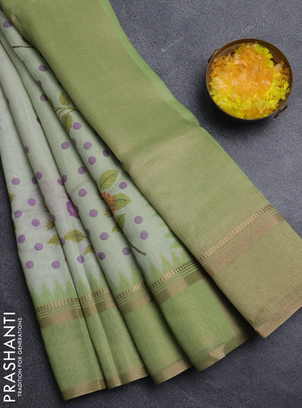 Art Linen saree lime green with allover floral prints and temple design rettapet zari woven border