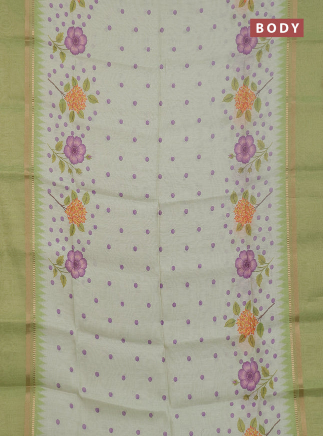 Art Linen saree lime green with allover floral prints and temple design rettapet zari woven border