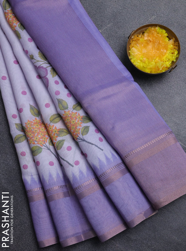 Art Linen saree lavender with allover floral prints and temple design rettapet zari woven border