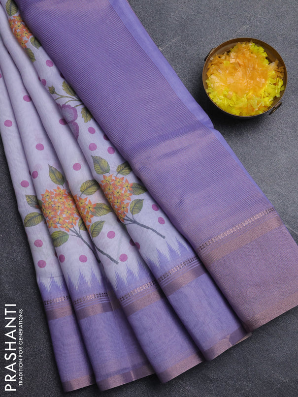Art Linen saree lavender with allover floral prints and temple design rettapet zari woven border