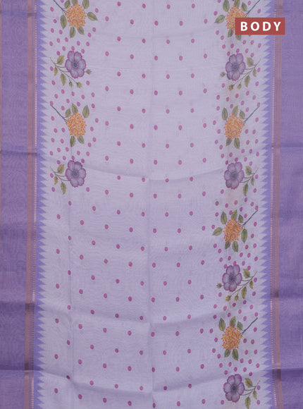 Art Linen saree lavender with allover floral prints and temple design rettapet zari woven border