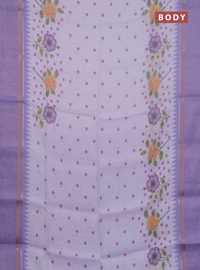 Art Linen saree lavender with allover floral prints and temple design rettapet zari woven border