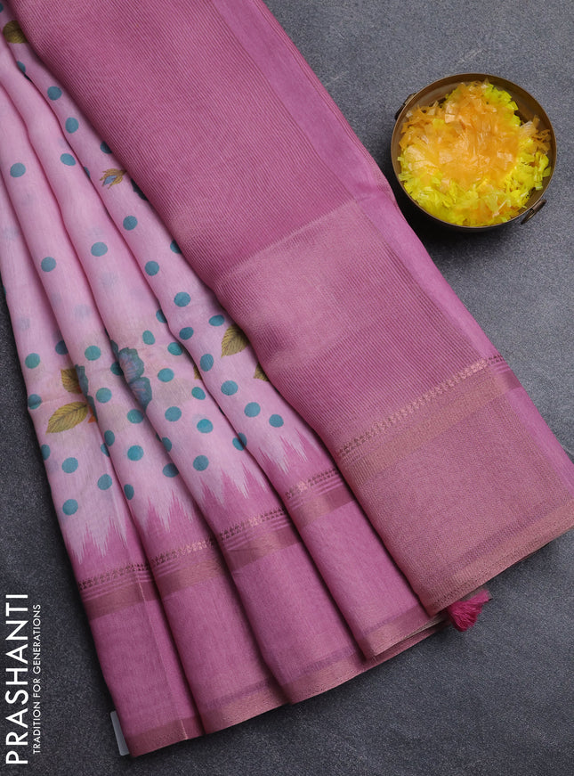 Art Linen saree light pink and pink with allover floral prints and temple design rettapet zari woven border