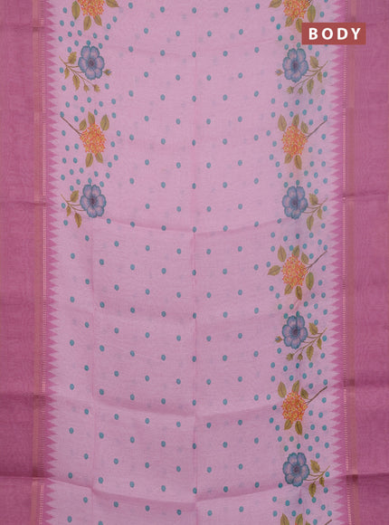 Art Linen saree light pink and pink with allover floral prints and temple design rettapet zari woven border