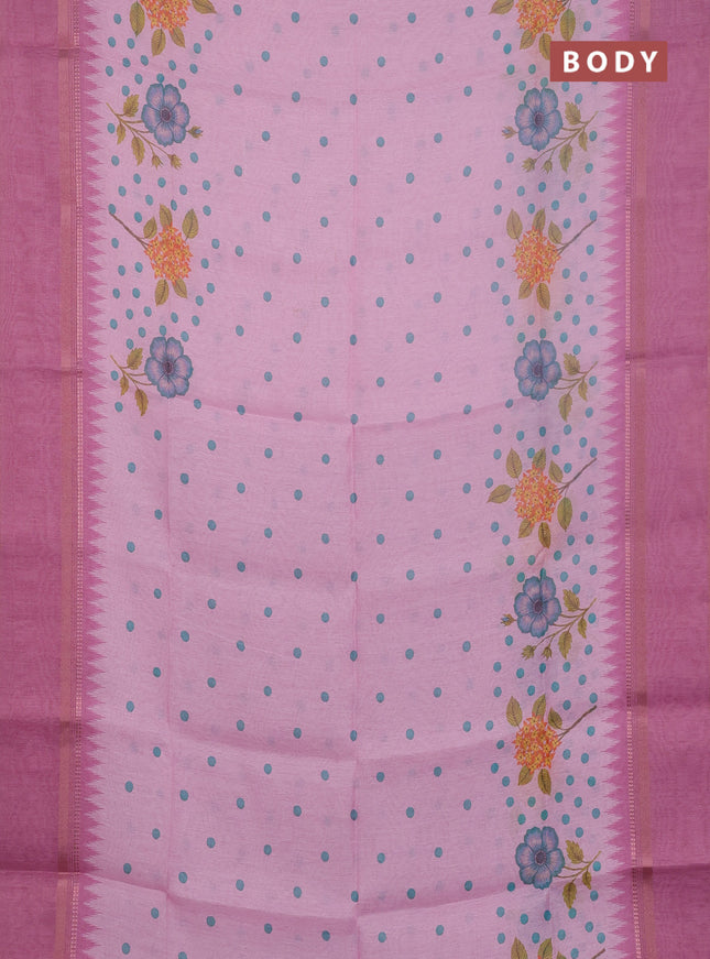 Art Linen saree light pink and pink with allover floral prints and temple design rettapet zari woven border