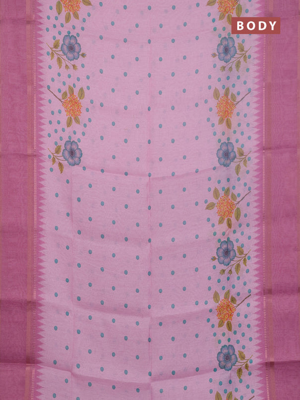 Art Linen saree light pink and pink with allover floral prints and temple design rettapet zari woven border