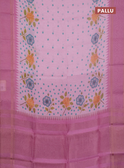 Art Linen saree light pink and pink with allover floral prints and temple design rettapet zari woven border