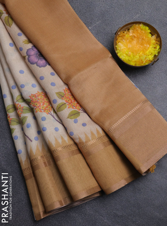 Art Linen saree mustard yellow with allover floral prints and temple design rettapet zari woven border