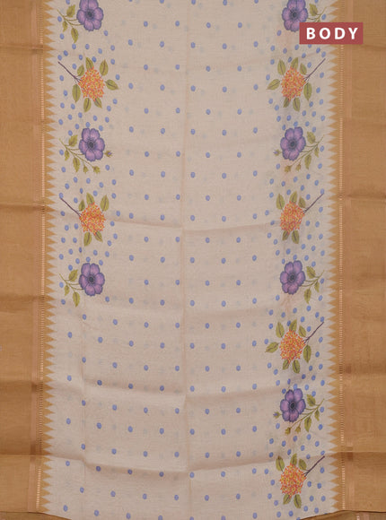 Art Linen saree mustard yellow with allover floral prints and temple design rettapet zari woven border