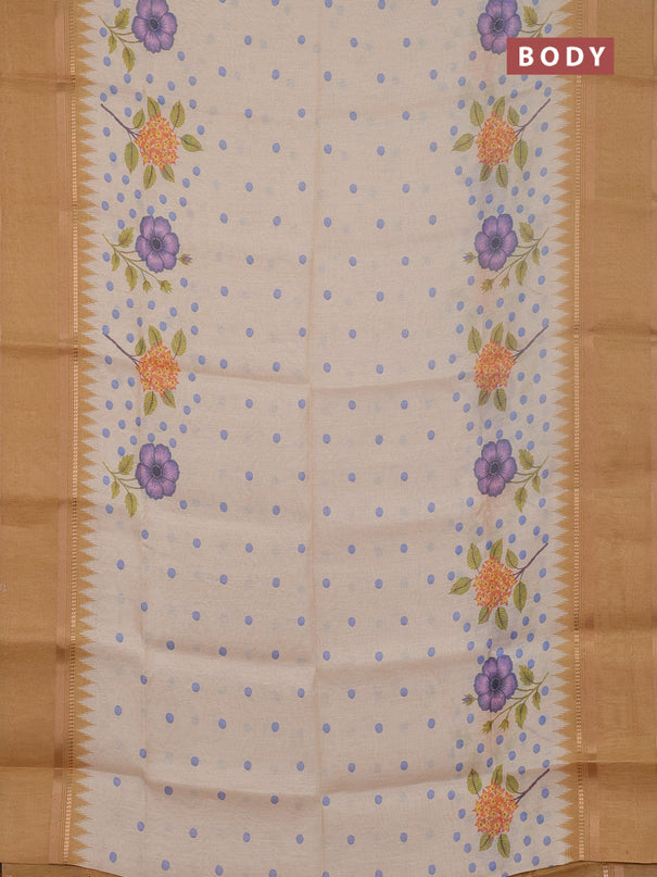 Art Linen saree mustard yellow with allover floral prints and temple design rettapet zari woven border