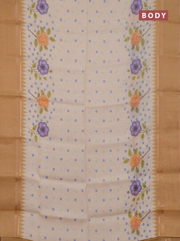 Art Linen saree mustard yellow with allover floral prints and temple design rettapet zari woven border