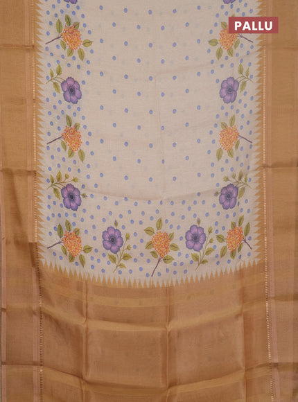 Art Linen saree mustard yellow with allover floral prints and temple design rettapet zari woven border