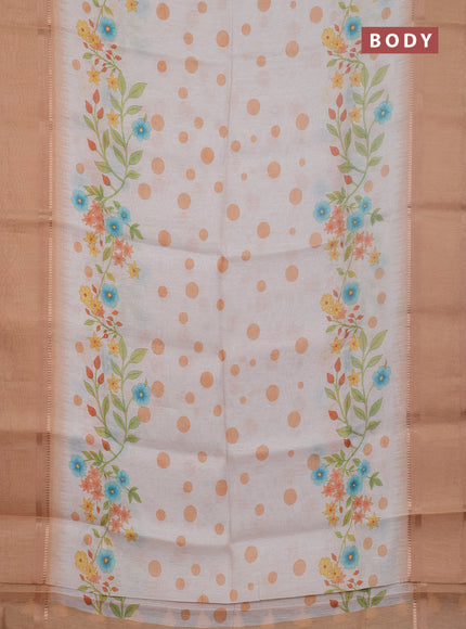 Art Linen saree pale orange with allover floral prints and temple design rettapet zari woven border