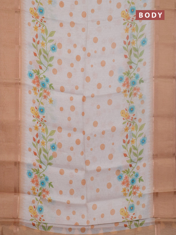 Art Linen saree pale orange with allover floral prints and temple design rettapet zari woven border