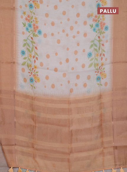 Art Linen saree pale orange with allover floral prints and temple design rettapet zari woven border