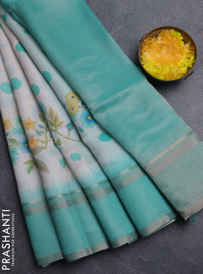 Art Linen saree teal green with allover floral prints and temple design rettapet zari woven border