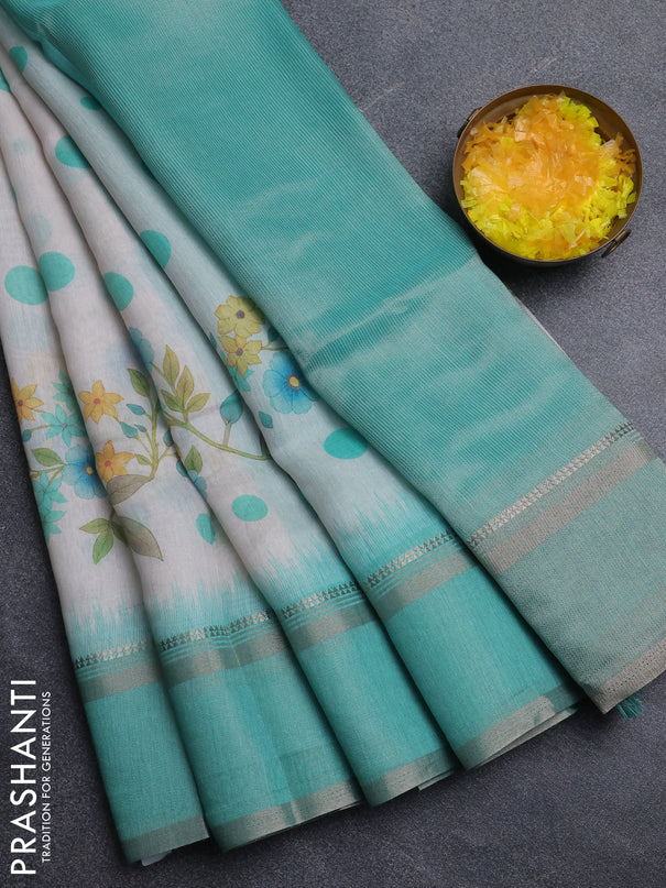 Art Linen saree teal green with allover floral prints and temple design rettapet zari woven border
