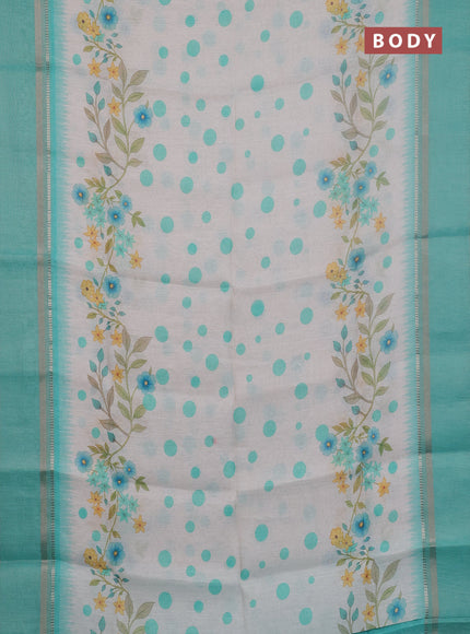 Art Linen saree teal green with allover floral prints and temple design rettapet zari woven border
