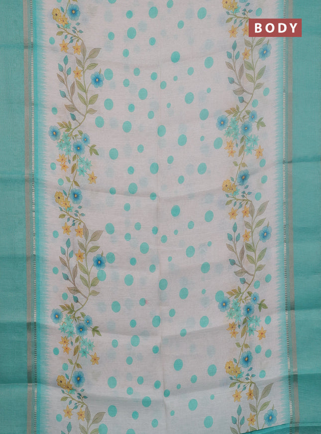 Art Linen saree teal green with allover floral prints and temple design rettapet zari woven border