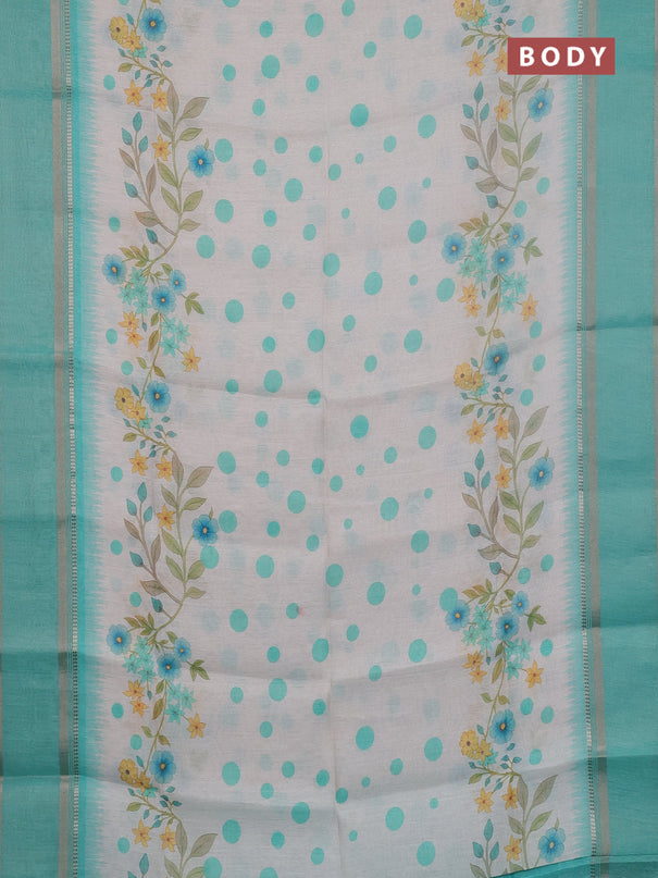 Art Linen saree teal green with allover floral prints and temple design rettapet zari woven border