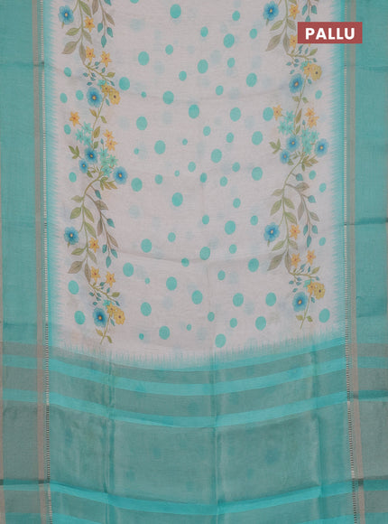 Art Linen saree teal green with allover floral prints and temple design rettapet zari woven border