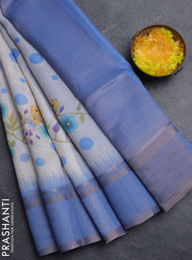 Art Linen saree pastel blue with allover floral prints and temple design rettapet zari woven border