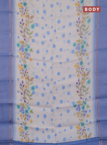 Art Linen saree pastel blue with allover floral prints and temple design rettapet zari woven border