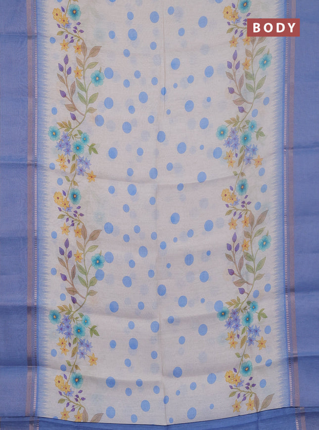 Art Linen saree pastel blue with allover floral prints and temple design rettapet zari woven border