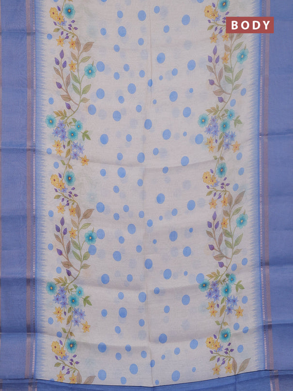 Art Linen saree pastel blue with allover floral prints and temple design rettapet zari woven border