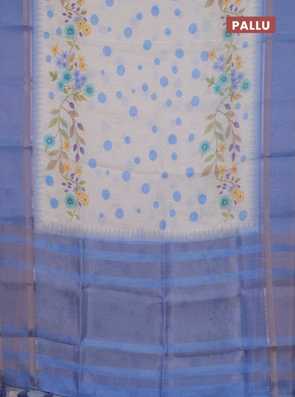 Art Linen saree pastel blue with allover floral prints and temple design rettapet zari woven border