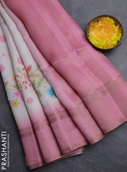 Art Linen saree light pink and pink with allover floral prints and temple design rettapet zari woven border