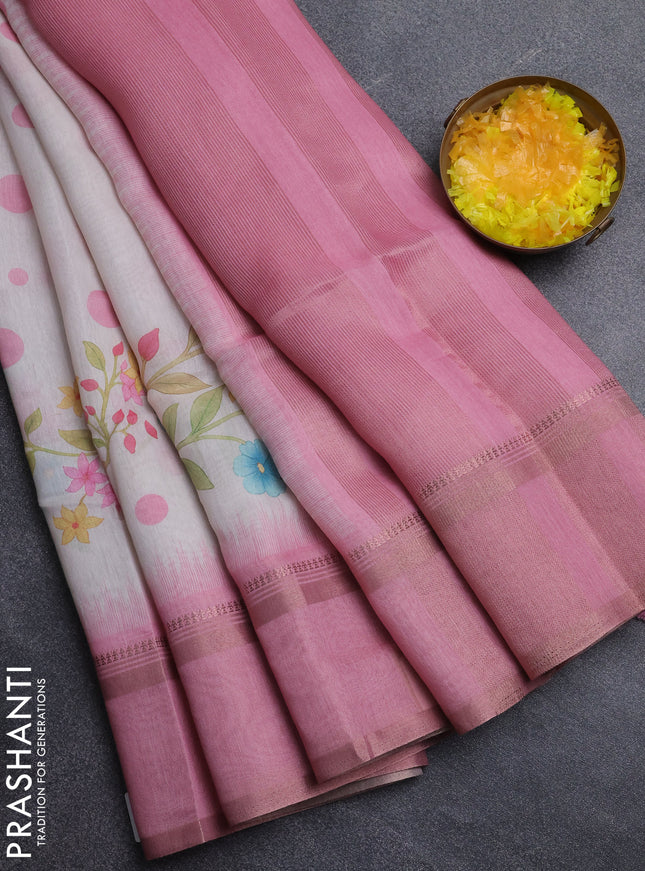 Art Linen saree light pink and pink with allover floral prints and temple design rettapet zari woven border