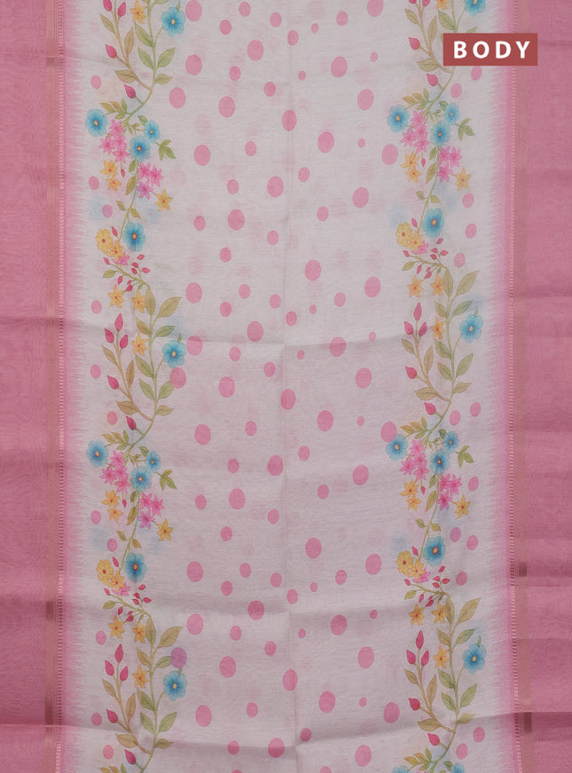 Art Linen saree light pink and pink with allover floral prints and temple design rettapet zari woven border