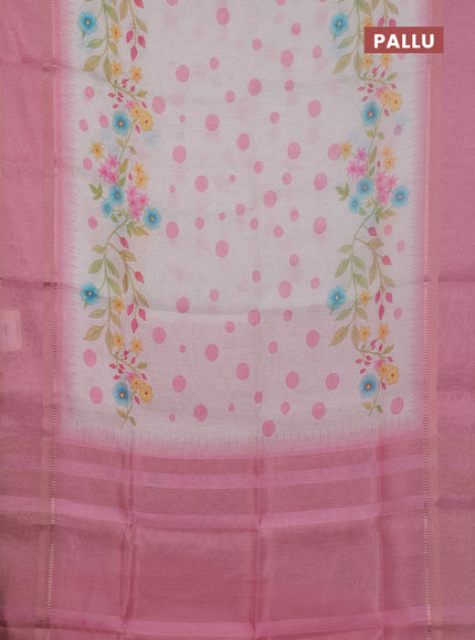 Art Linen saree light pink and pink with allover floral prints and temple design rettapet zari woven border