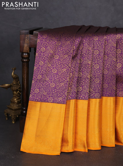 Pure kanchipuram silk saree deep purple and orange with allover zari woven brocade weaves and long zari woven border