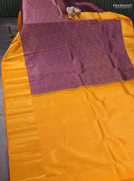 Pure kanchipuram silk saree deep purple and orange with allover zari woven brocade weaves and long zari woven border