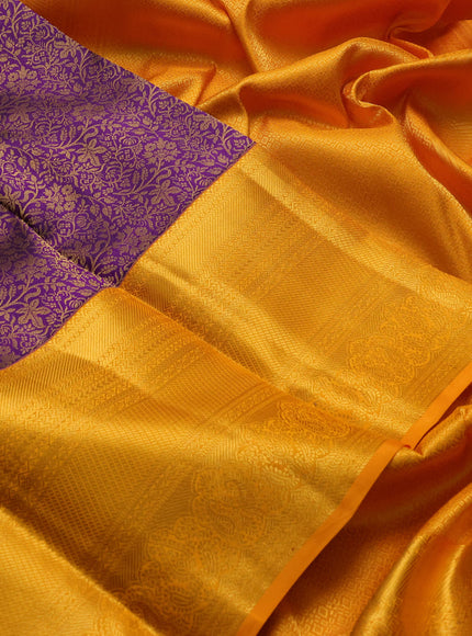 Pure kanchipuram silk saree deep purple and orange with allover zari woven brocade weaves and long zari woven border
