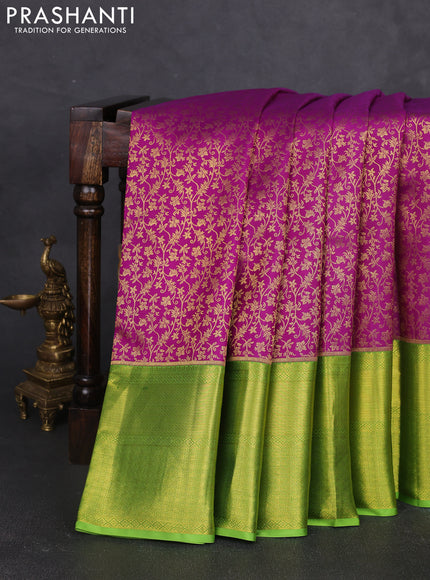 Pure kanchipuram silk saree purple and light green with allover zari woven brocade weaves and long zari woven border