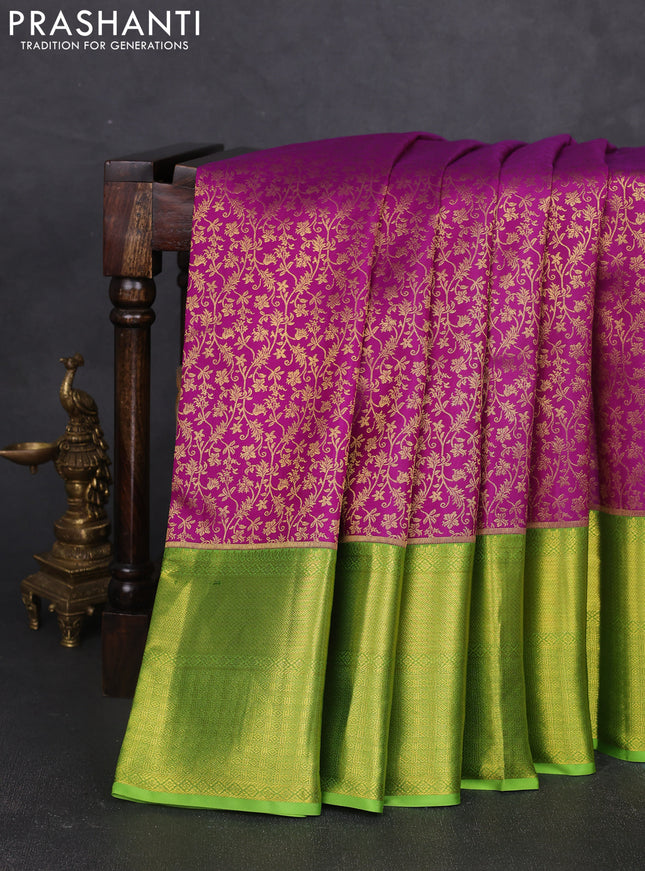 Pure kanchipuram silk saree purple and light green with allover zari woven brocade weaves and long zari woven border