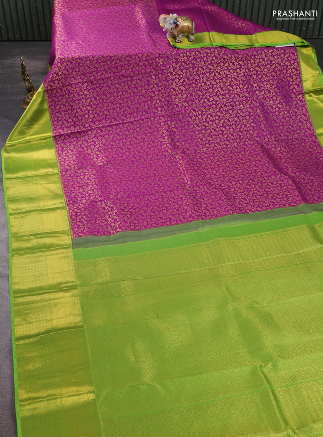 Pure kanchipuram silk saree purple and light green with allover zari woven brocade weaves and long zari woven border