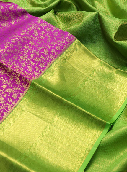 Pure kanchipuram silk saree purple and light green with allover zari woven brocade weaves and long zari woven border