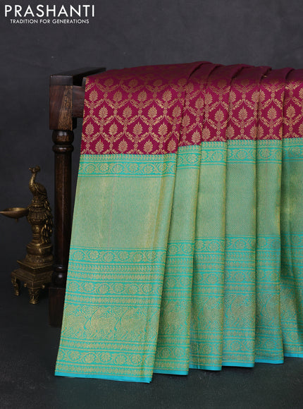 Pure kanchipuram silk saree dark magenta and teal blue with allover zari woven brocade weaves and long zari woven border